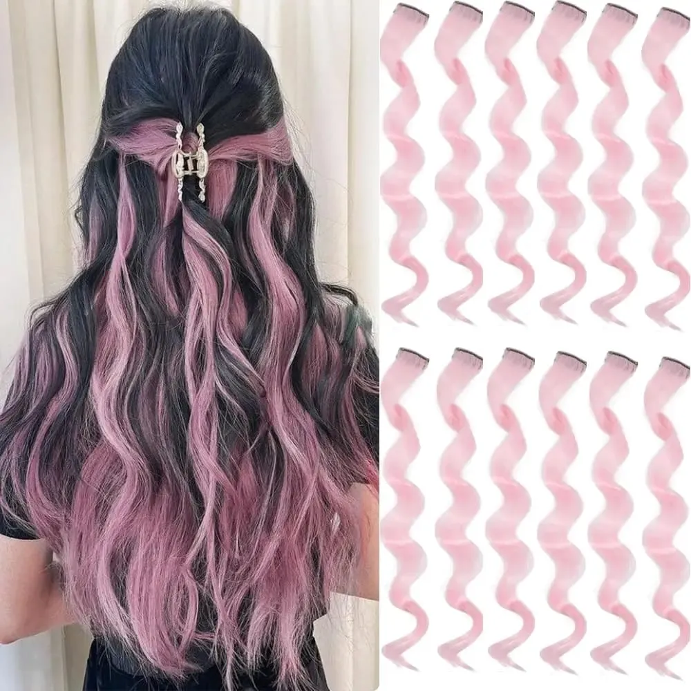 6 Pcs Black Hair Extensions 22 Inch Curly Wavy Colored Hair Colorful Clip in Extensions Highlight Party for Kids Girls Synthetic — image 14