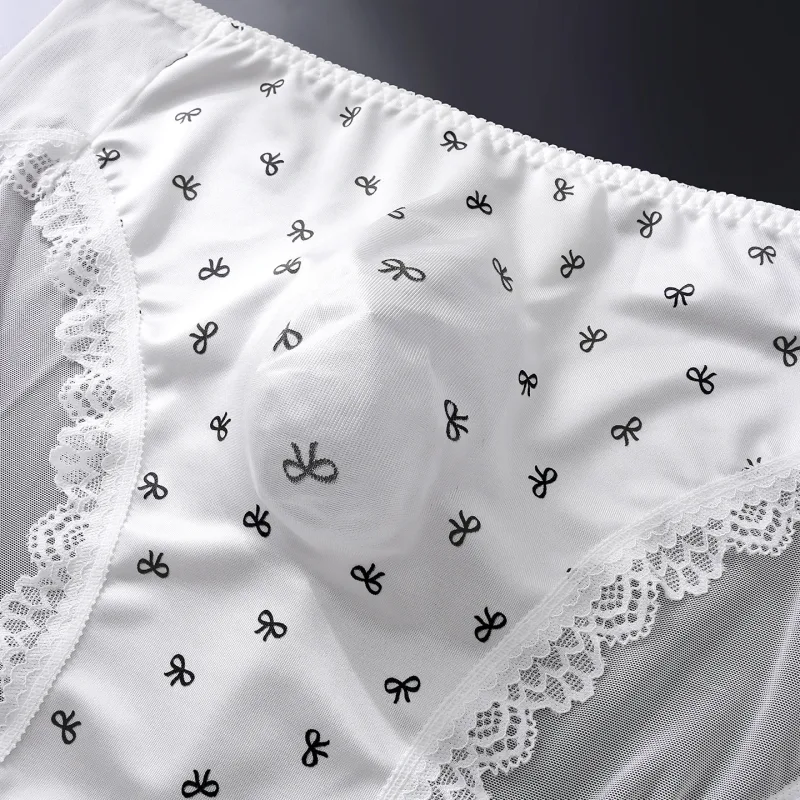 Sexy Lace Mens Briefs 3D Pouch Floral Edge High Elastic Sweet Heart Bow Print Mesh Splicing Underwear — image 12