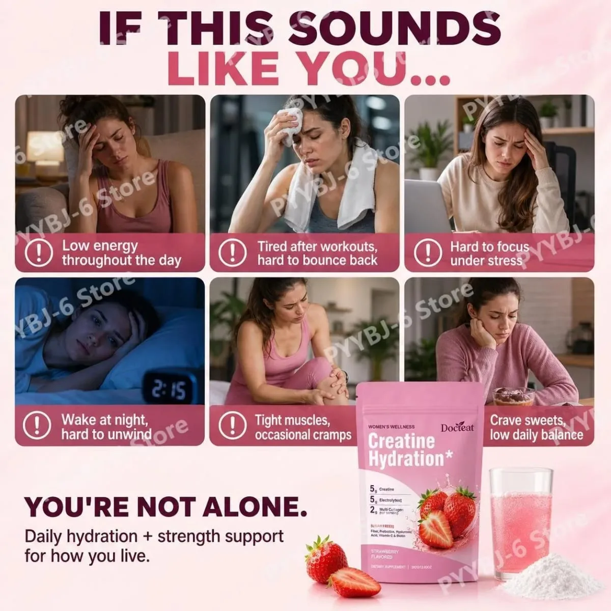 Docteat Creatine Powder Electrolytes Collagen Vitamin C Biotin Sugar Free Strawberry Flavor Women Fitness Wellness 30 Servings — image 5