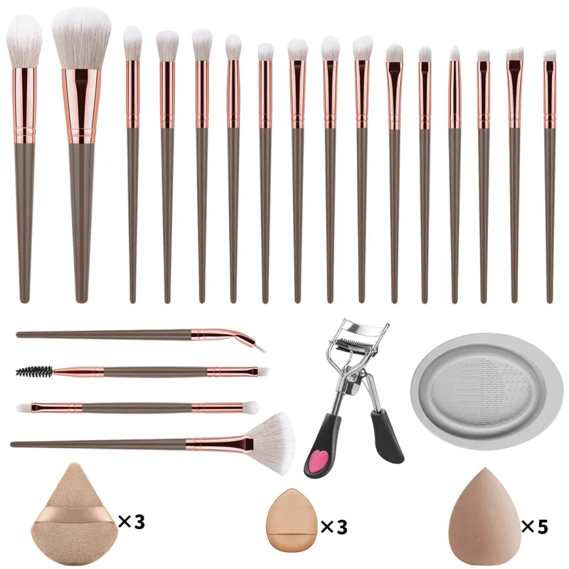 33Pcs Makeup Tool Kit 20 Makeup Brushes na May Powder Puff Cleaning Bowl Eyelash Curler Full Face Eye Makeup Set