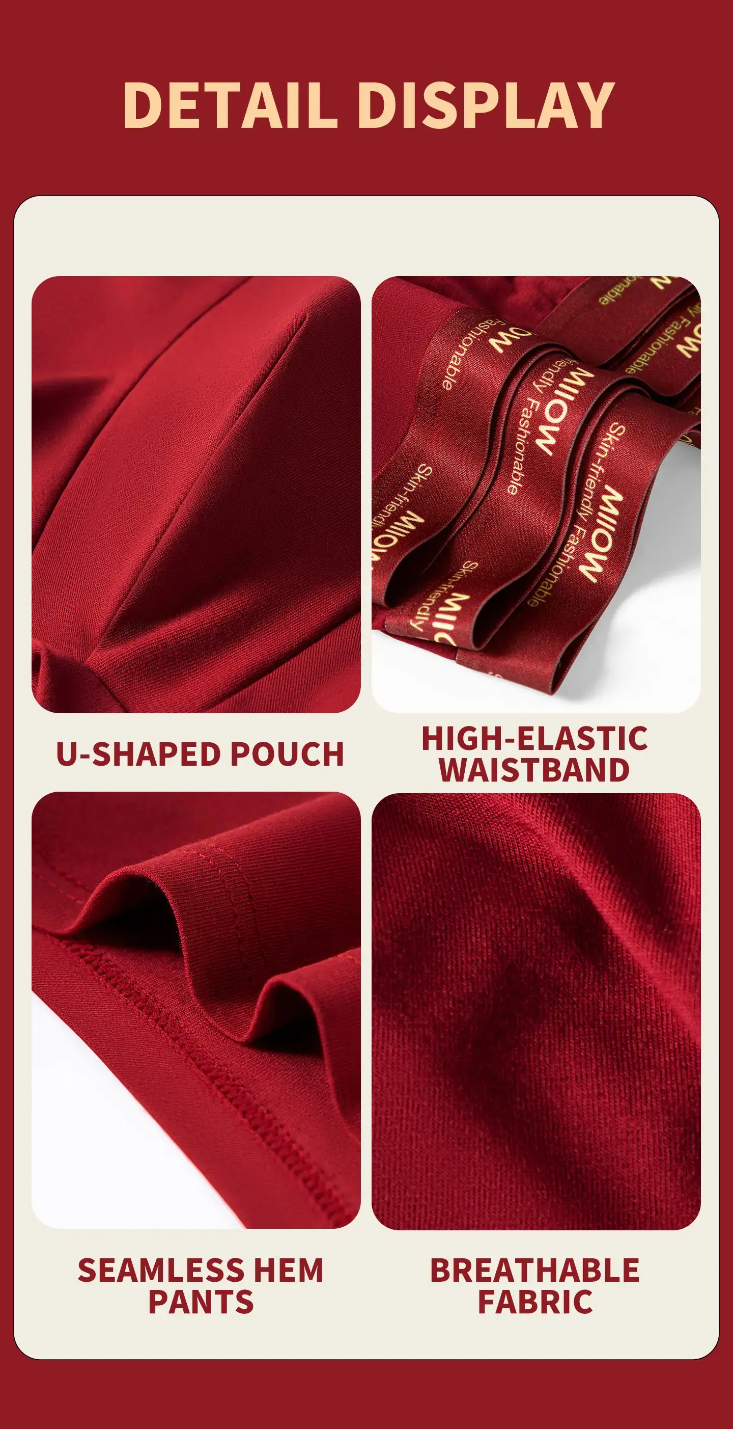 MiiOW 3Pcs Cotton Men Underwear 10A Antibacterial Crotch Men's Panties Breathable Skin-friendly Man Boxers Lucky Red Underpants