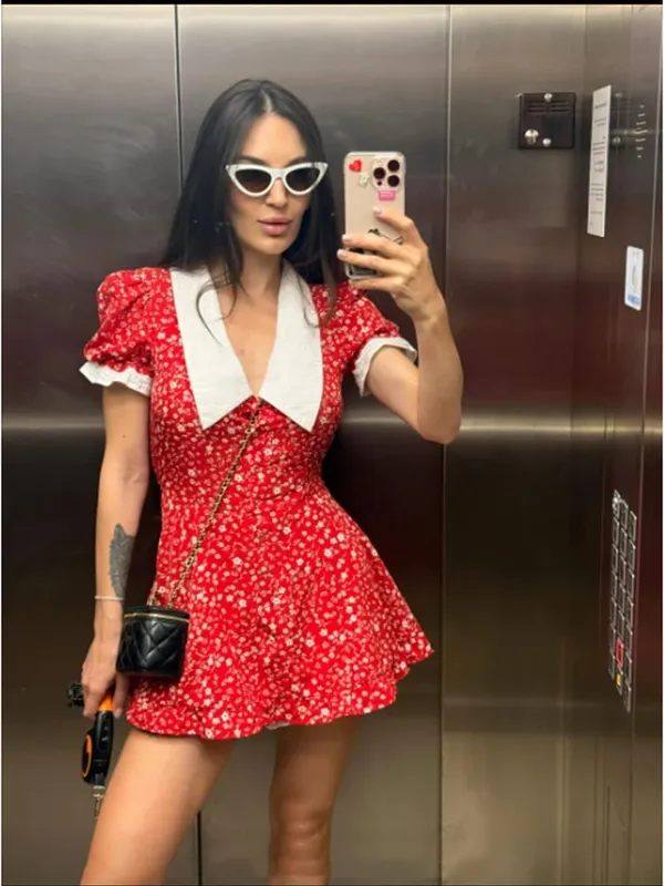 Red Floral Print Peter Pan Collar Dress Women Puff Sleeve V Neck Button Down A-line Mini Dress 2026 Lady Weekend Getaway Robes