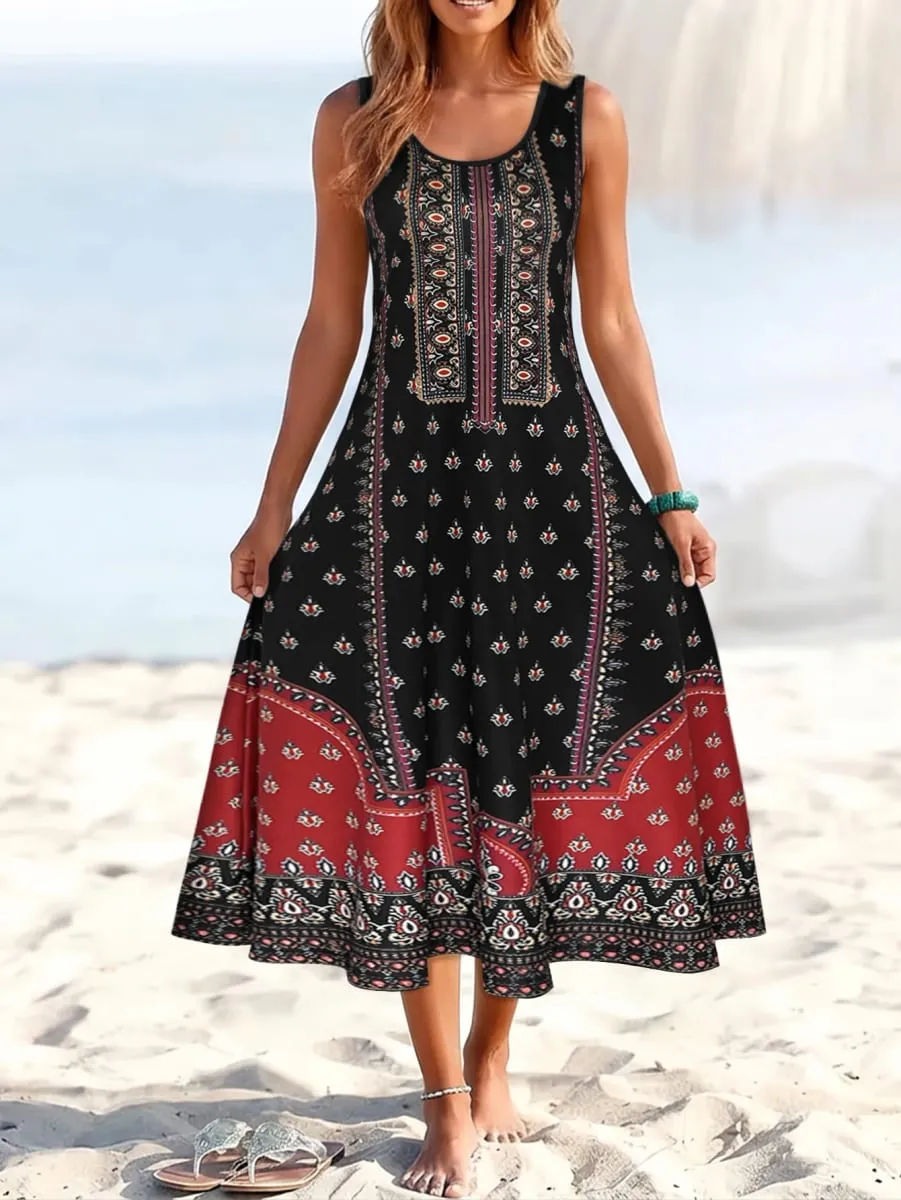 Women's Tribal Print Sleeveless Midi Dress Round Neck Loose A Line Casual Sundress Summer Beach Boho Vacation Dress — image 3
