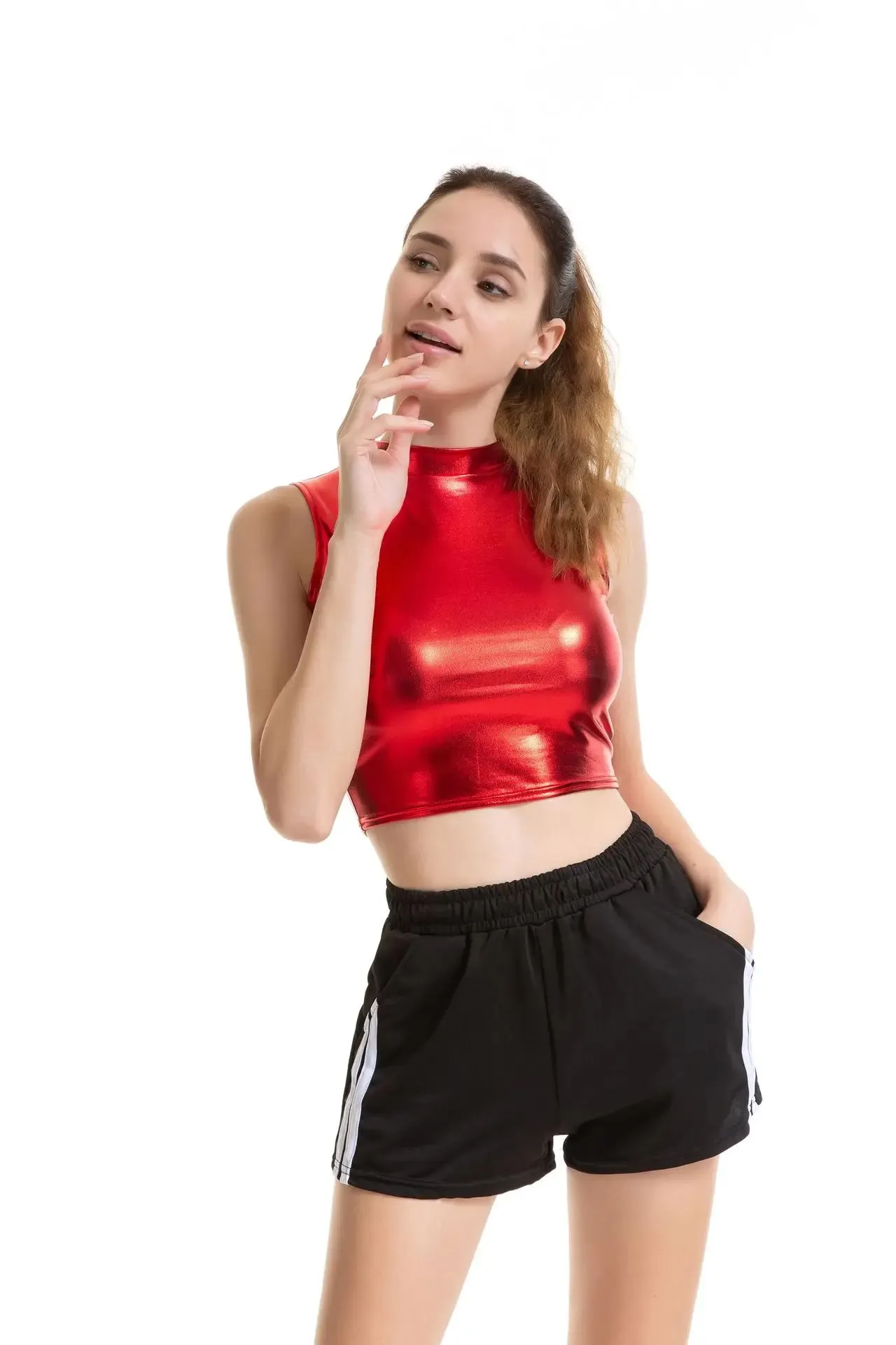 Womens Shiny Metallic Patent Leather Sleeveless Mock Neck Crop Tank Tops Camisole Night Club Party Rave Dance Costume Clubwear — image 9