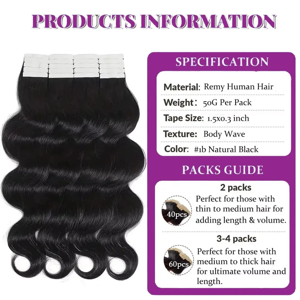 Tape In Hair Extensions 100% Real Remy Human Hair Body Wave Extensions Natural Black Invisible Tape on For Woman 16-26 Inches