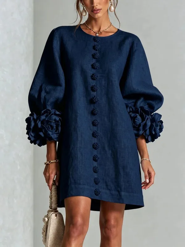 Women Linen Mini Dress O Neck Puff Long Sleeve 3D Flower Cuff Decor Flower Button Loose Casual Short Dresses for Party Vacation — image 6