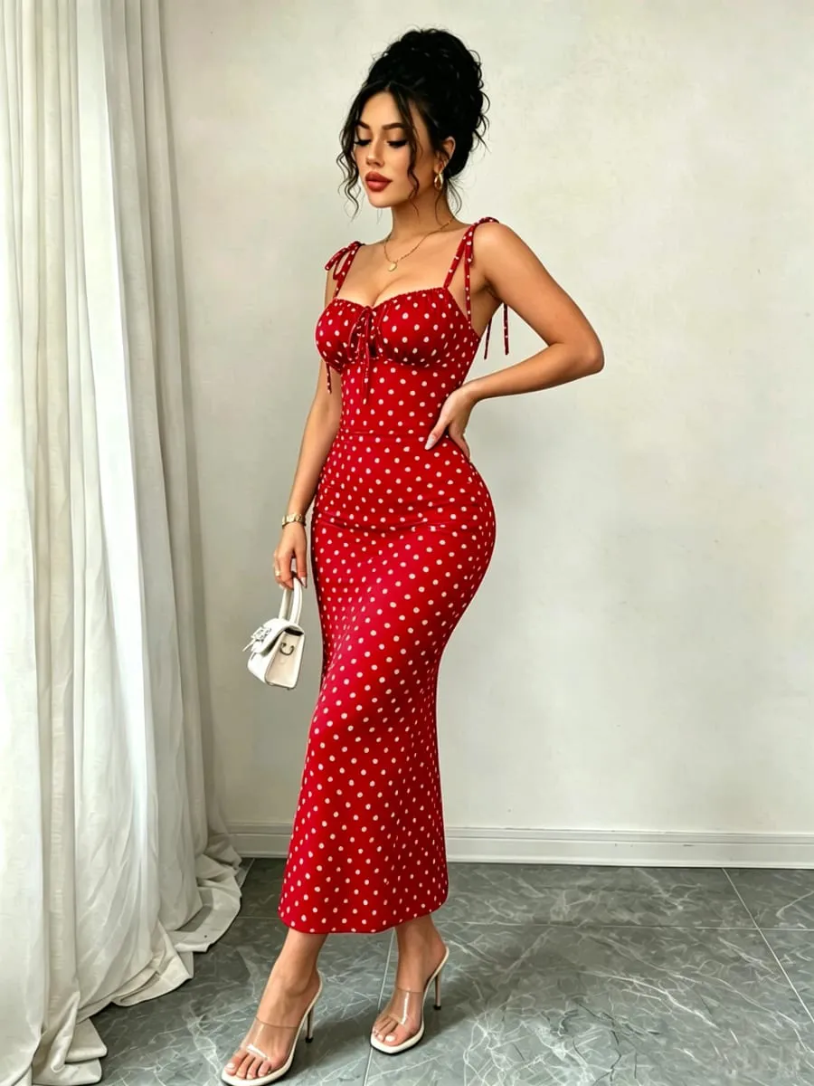 High-Elasticity Red Polka Dot Fishtail Skirt with Shoulder Straps + Chest Ruching for a Strong Waist Cinch Slim Fit Hip-Hugging Vintage Mid-Length Skirt — image 7