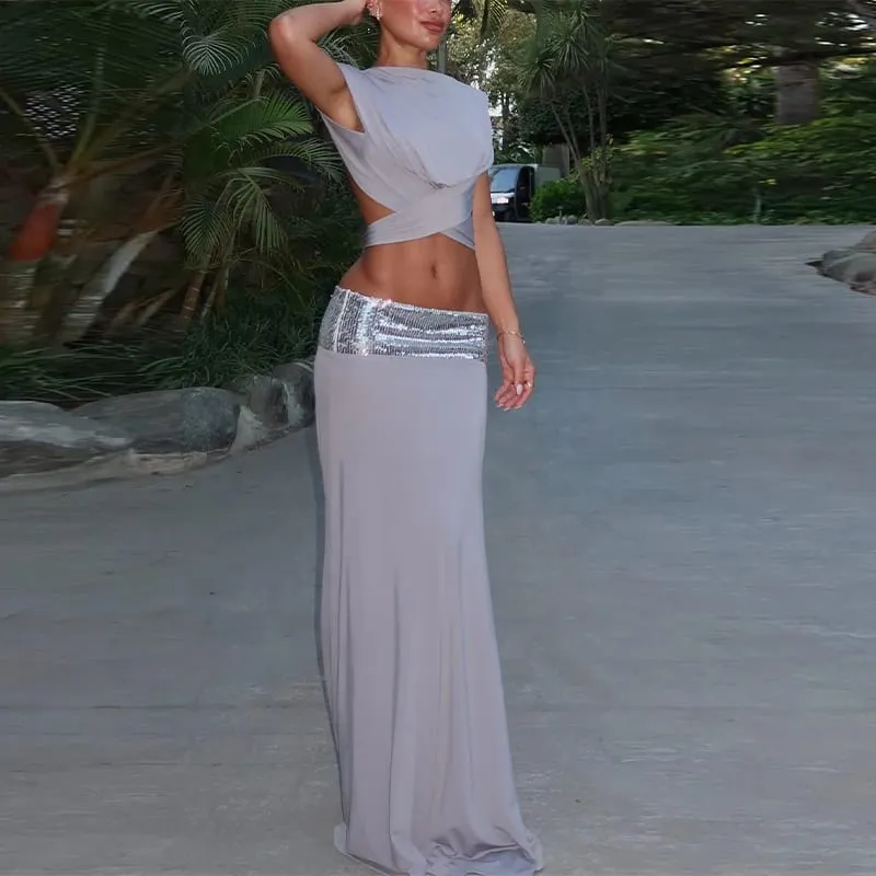 Fashion Shiny Lace Up Long Skirt Set Women Sexy Sleeveless Design sense Chic Short Top Skirts Suit NEW Lady Evening Party Outfit