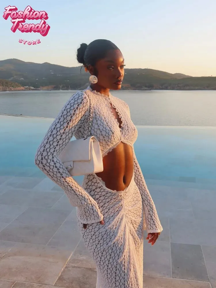 Fashion Hollowed-out Lace Patchwork Dress Women Solid O-neck Long Sleeve Pleated Bodycon Maxi Dresses Summer Lady Vacation Gown — image 3