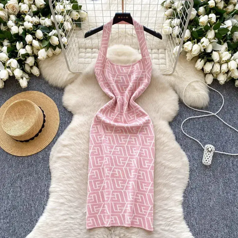 YuooMuoo Brand Fashion Summer Letters Knitted Halter Mini Dress Sexy Wrap Hips Backless Bodycon Party Dress Streetwear Outfits — image 5