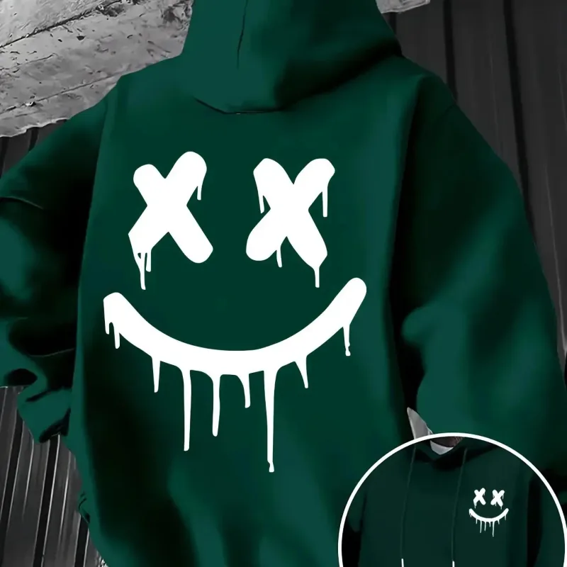 Smiley face print men's and women's autumn winter trendy printed hooded fleece sweatshirt front back casual hoodie — image 15