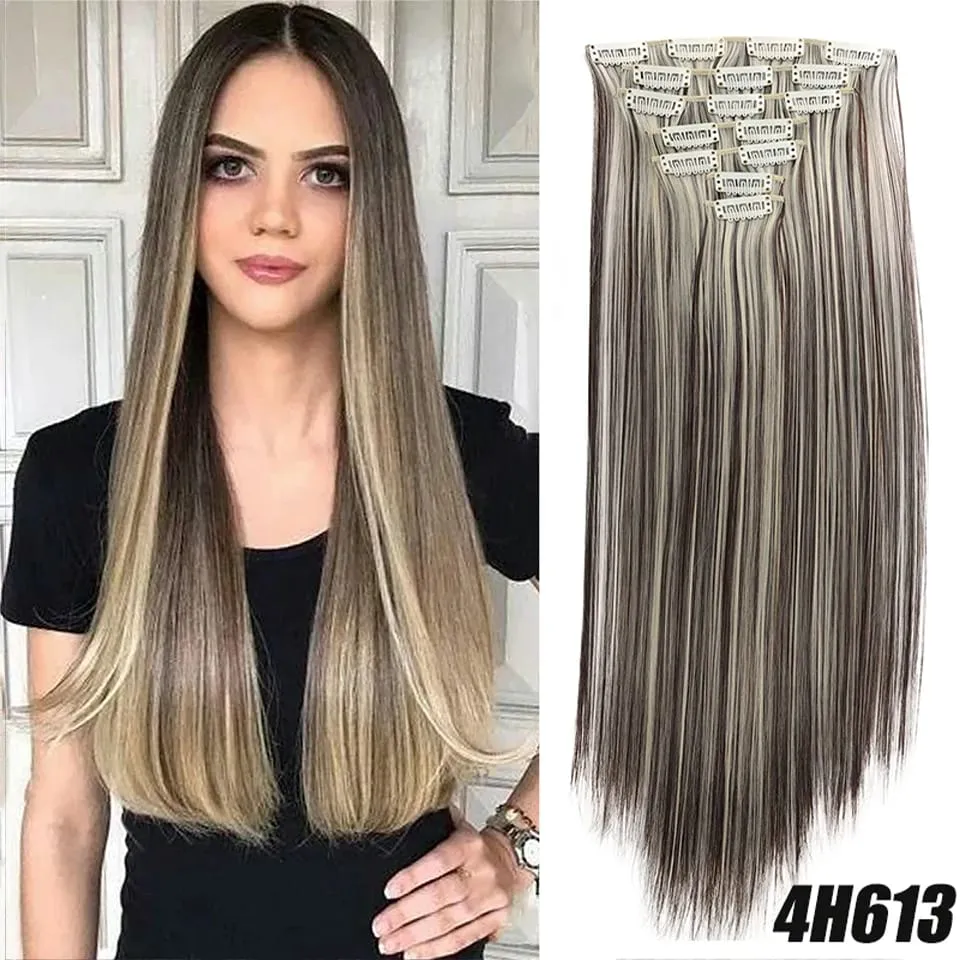 Synthetic 7-piece set with 16 card synthetic straight hair extensions suitable for women's daily party use — image 12