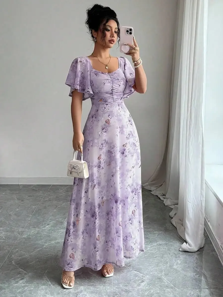Women's Sweet French Style Mini Dress with Purple Butterfly Print Batwing Sleeves & Back Zipper — image 2