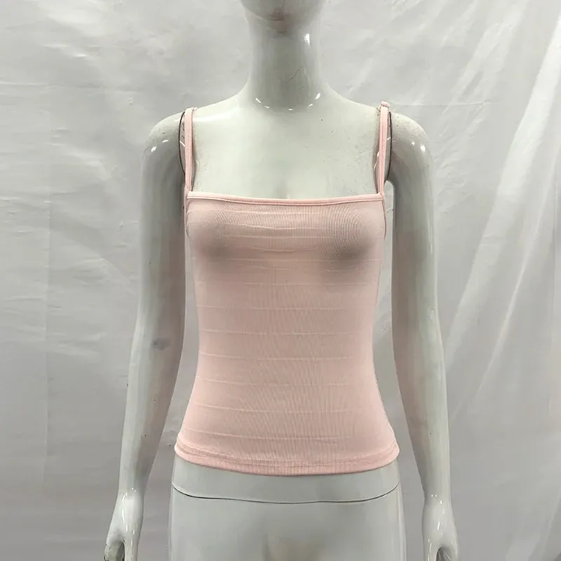 Women Summer Solid Color Bandage Camisole Slim Fit Square Neck Spaghetti Strap Ribbed Knit Cami Top — image 6