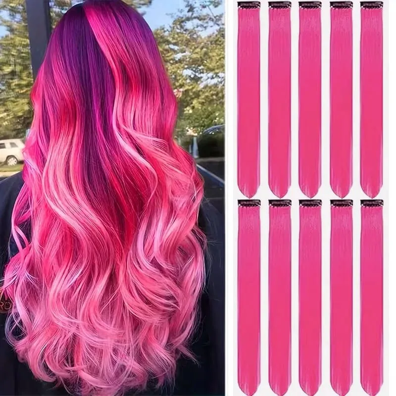 22Inch 10pcs Synthetic Colorful Long Straight Rainbow Colored Hair 10pcs Clip In Extensions for Women Daily Party Christmas