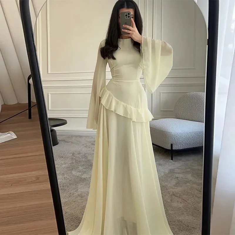 Women Chiffon Solid Ruffled Dress Flare Sleeve Round Neck 2025 New Elegant Maxi Gown Evening Party Fashion Holiday Lady — image 5