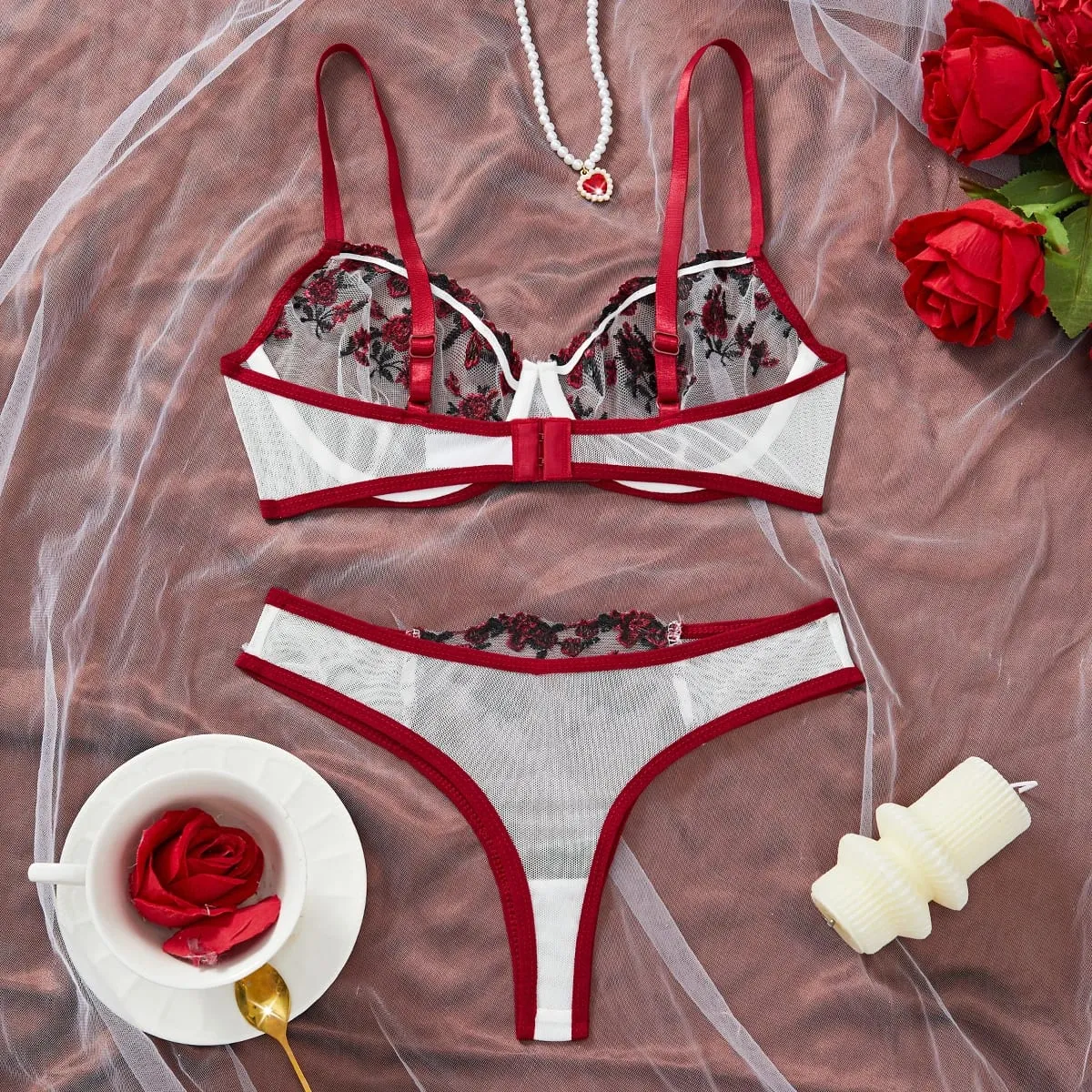 Contrast Lingerie Fancy Lace Set Woman 2 Pieces Women Underwear Embroidery Beautiful Bra And Panty Sets — image 4