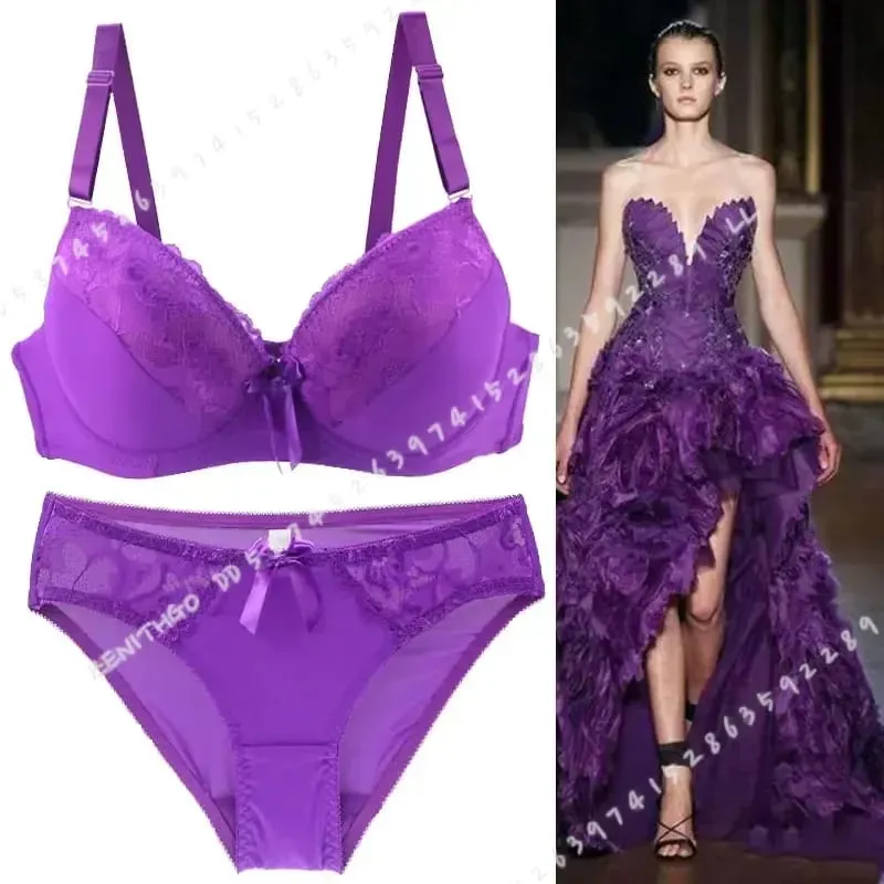 Women Push Up Bra Set Lace Thong Underwear Solid Bow Lingerie Plus Size 70-105 BCDE Cup Female Intimates — image 2