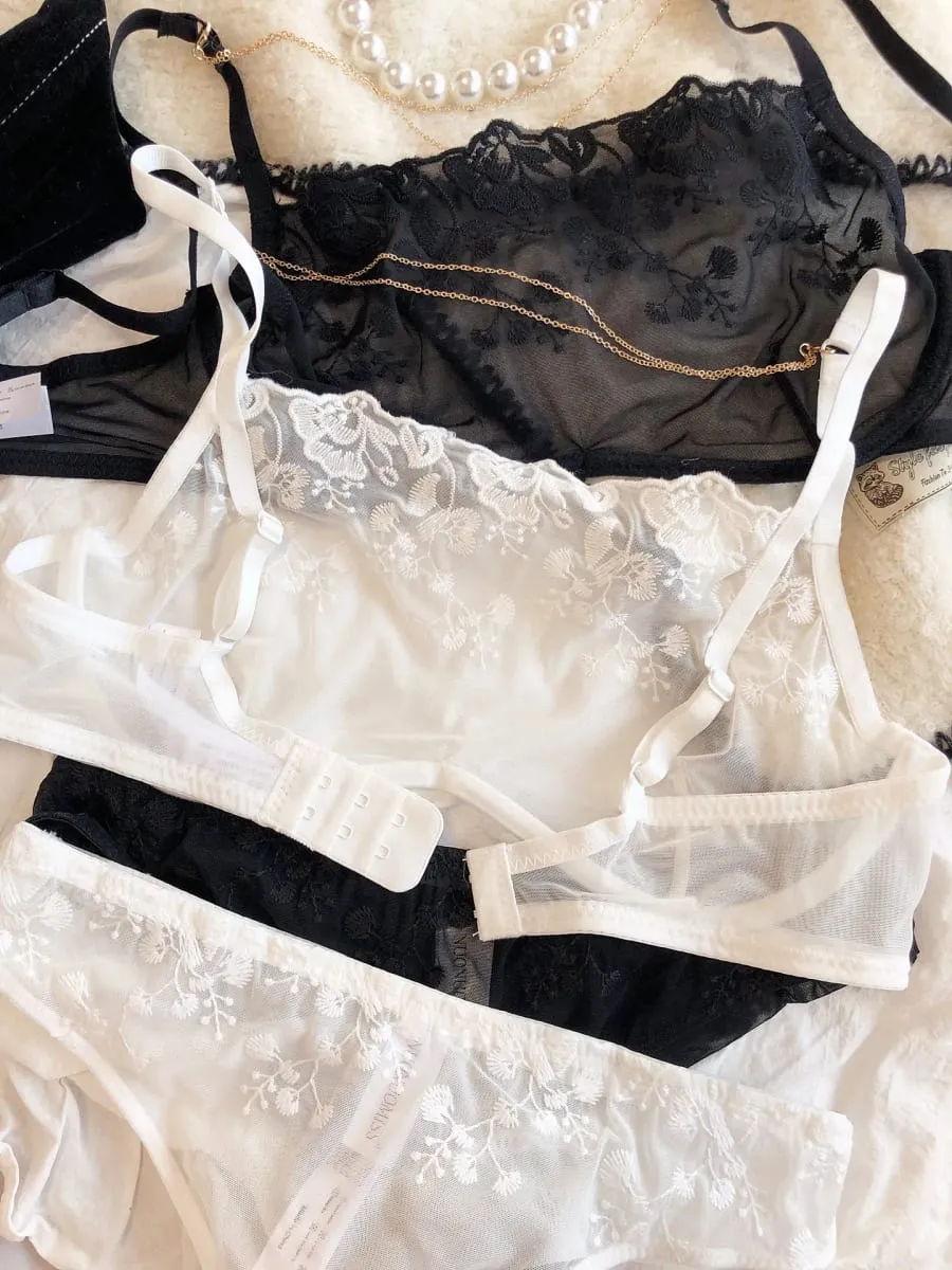 Sexy Lace Flower Embroidery Lingerie Set for Women French Ultra-thin Mesh Transparent Bra Detachable Decoration Chain Underwear — image 2