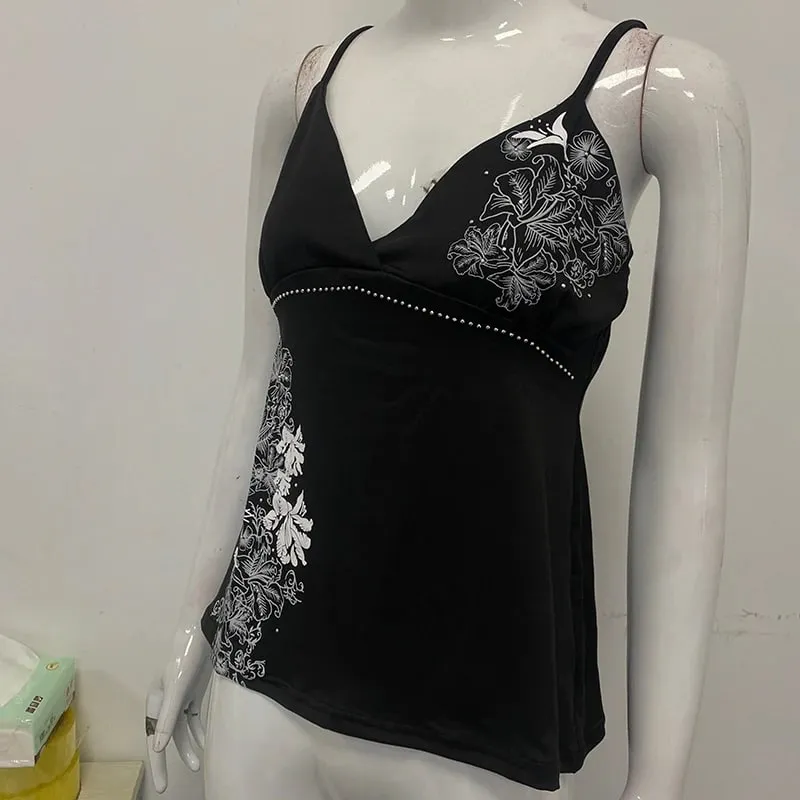Aesthetic Flower Print Rhinestone Decorative Slim Camisole Summer V Neck Backless Fashion Street Vintage Harajuku Sleeveless Top — image 6