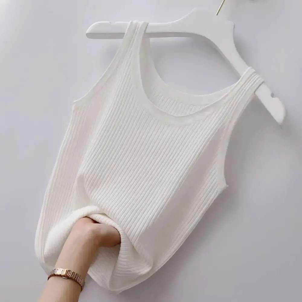 2024 Polyester Sexy Sleeveless Camisole Basic Top Solid Color Summer Camisole Streetwear Tees T-Shirt Spring Knitted Tank Women