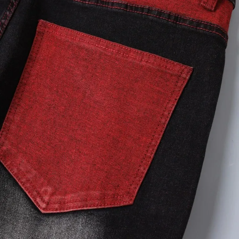 Vaqueros elásticos negros para hombre para primavera y otoño Pantalones vaqueros con detalles rasgados rojos Tallas asiáticas 28–42.