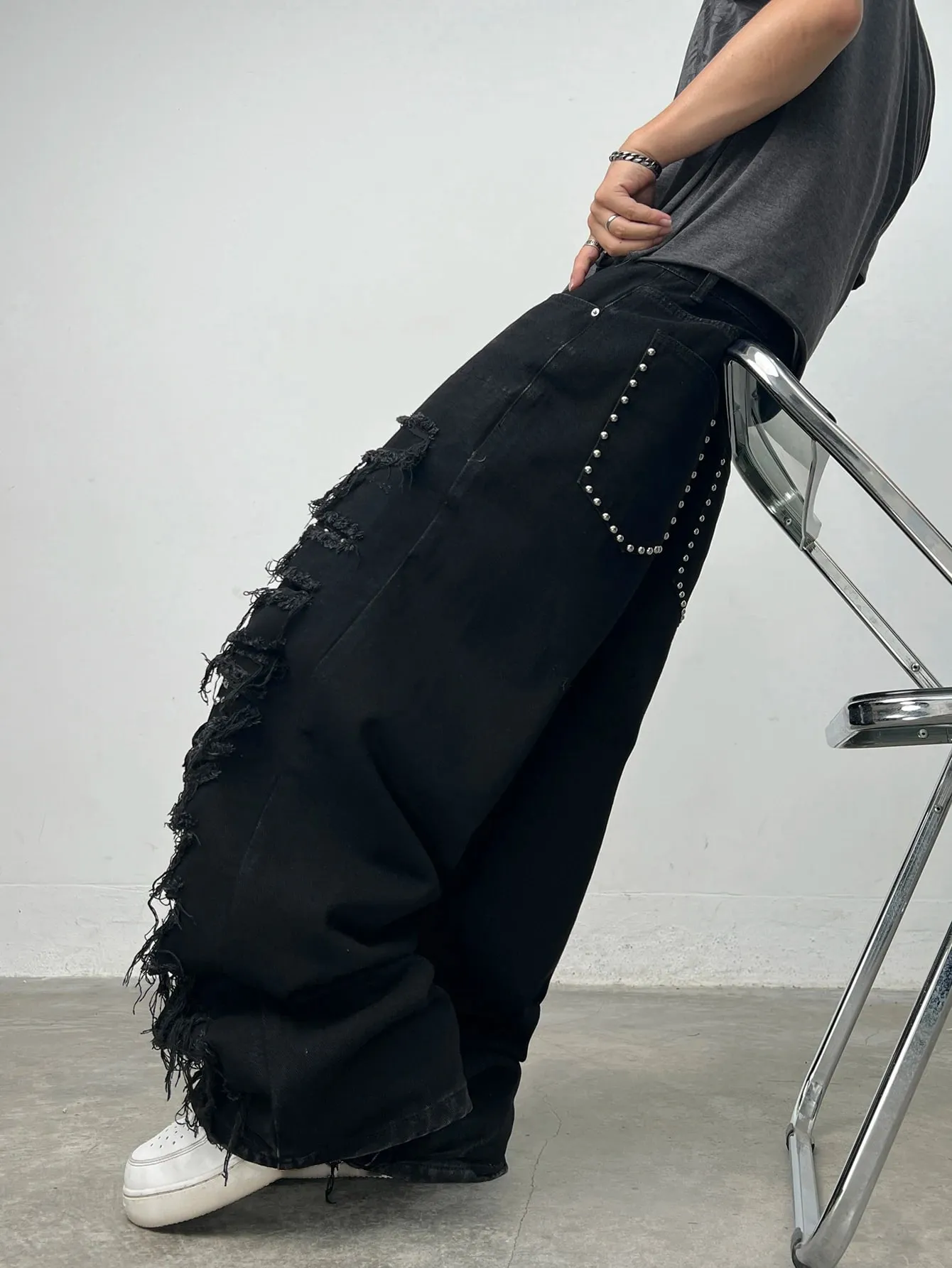 American High Street Double-Layer Patch Ripped Studded Design Black Men's Loose Jeans Y2K Street Hip-Hop Fashion Wide-Leg Pants