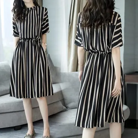 New Women Summer Vertical Stripe Print Dress Lady Waist-Fitting Mid-Length Dress Woman Loose Casual Dress Ladies Outdoor Casual — image 5