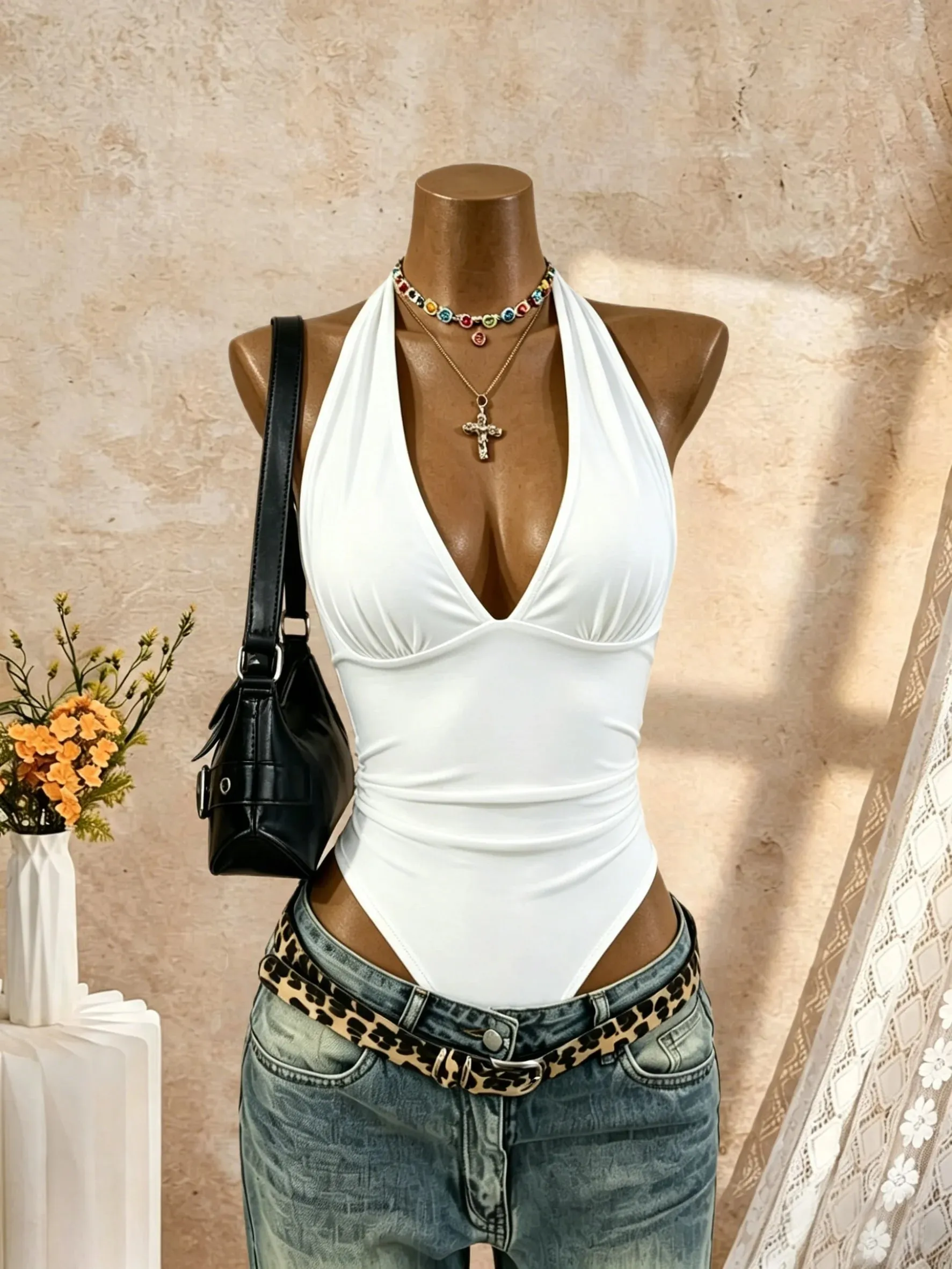 Women Halter Deep V Neck Bodysuit Solid Color Sleeveless Ruched Front Slim Fit Basic Jumpsuit Tank Top — image 6