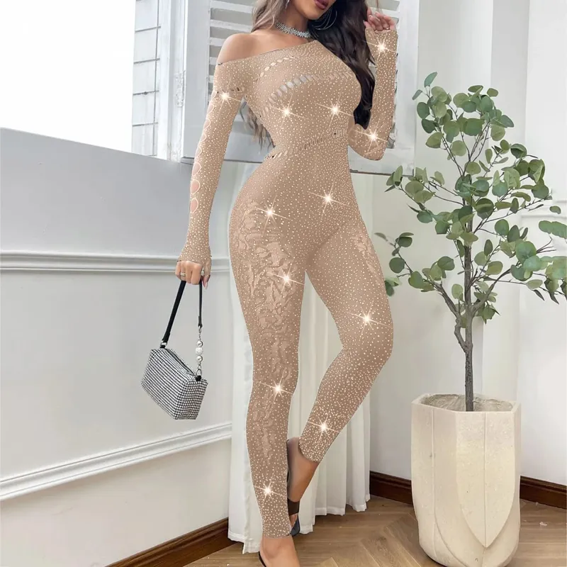 Kvinder Sexet Mesh Rhinestone Jumpsuit Langærmet Se Through High Stretch Body Strømper Jumpsuit Club Plus Size Stock Lingeri