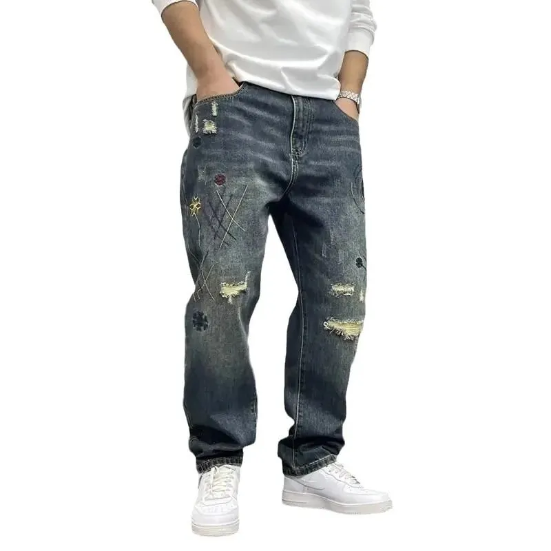 Four Seasons New Fashion Men's American High Street Hole Patched Loose Wide Leg Jeans Pants Vintage Washed Denim Trousers Male — image 4