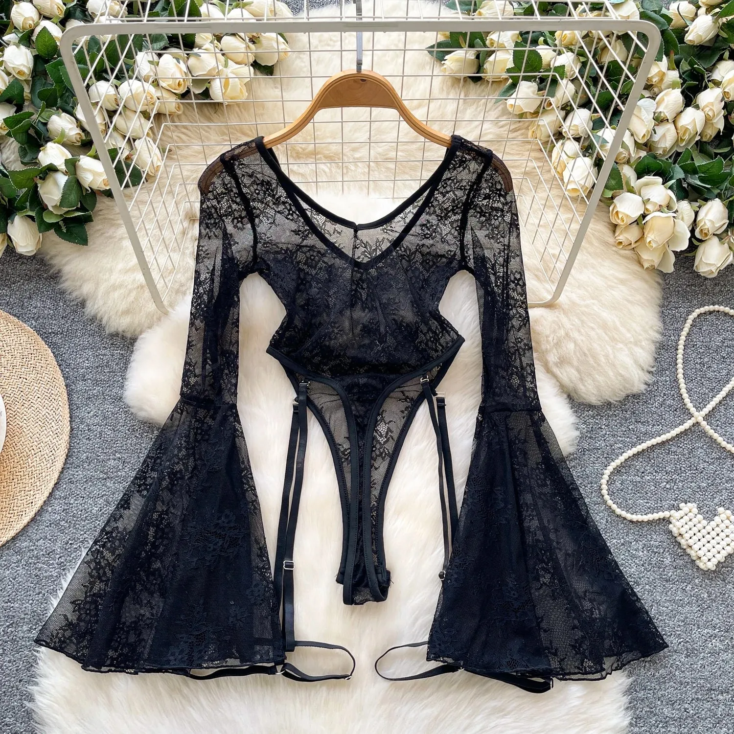 sexy sleeveless lace flare sleeve see through Vintage Straps Bodysuits Jumpsuits Top Hotsweet Clothing — image 2