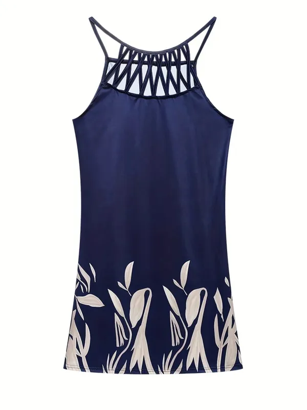 2026 New Spring and Summer National Wind Positioning Printing Mesh Belt Sleeveless Casual Dress