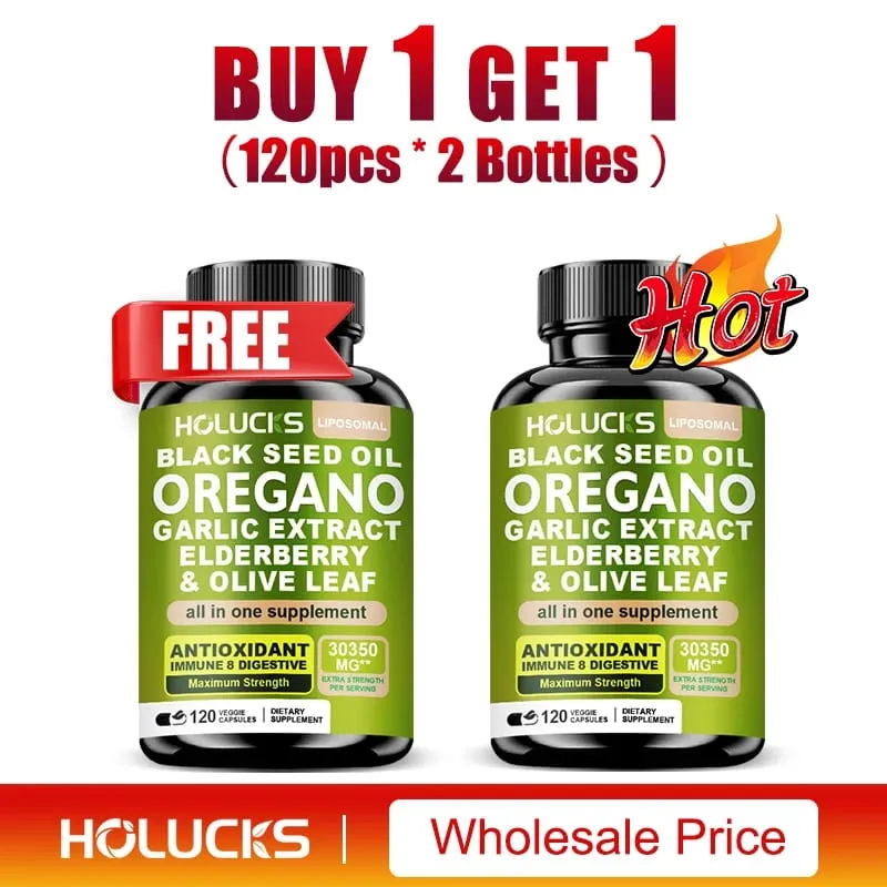10 in One Oregano Oil Supplement Capsules Black Seed Oil Garlic Extract Elderberry - Immune & Digestive Support - 120 Pills