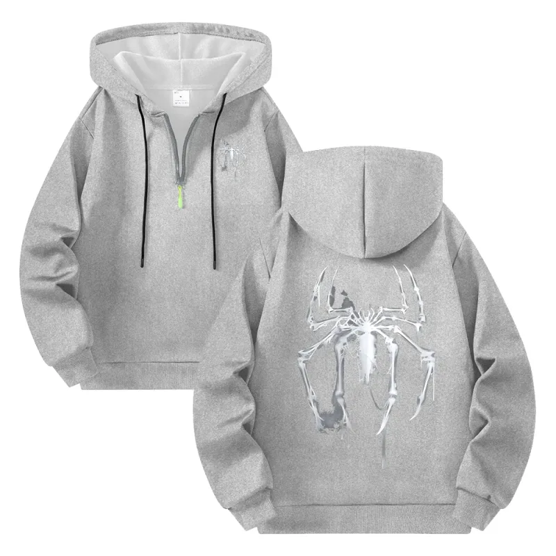 Men's Half Zip Hoodie With Personalized Spider Print Street Style Casual Sweatshirt Autumn And Winter Trendy Fitness Commute Top — image 12