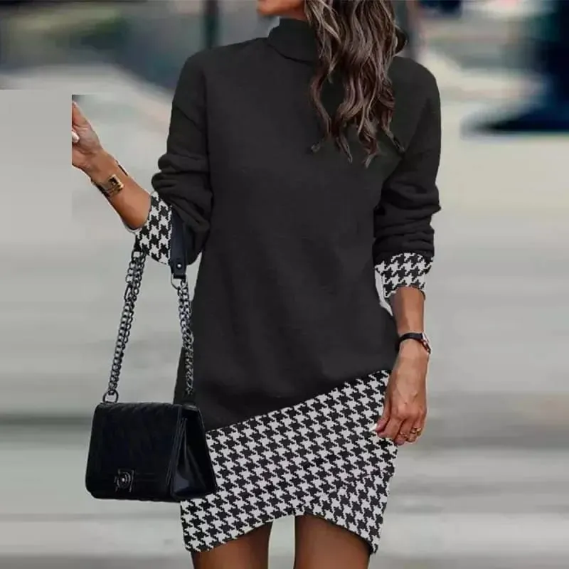 Women Striped Patchwork High Neck Sweatshirt Dress Long Sleeve Irregular Hem Casual Loose Mini Dress
