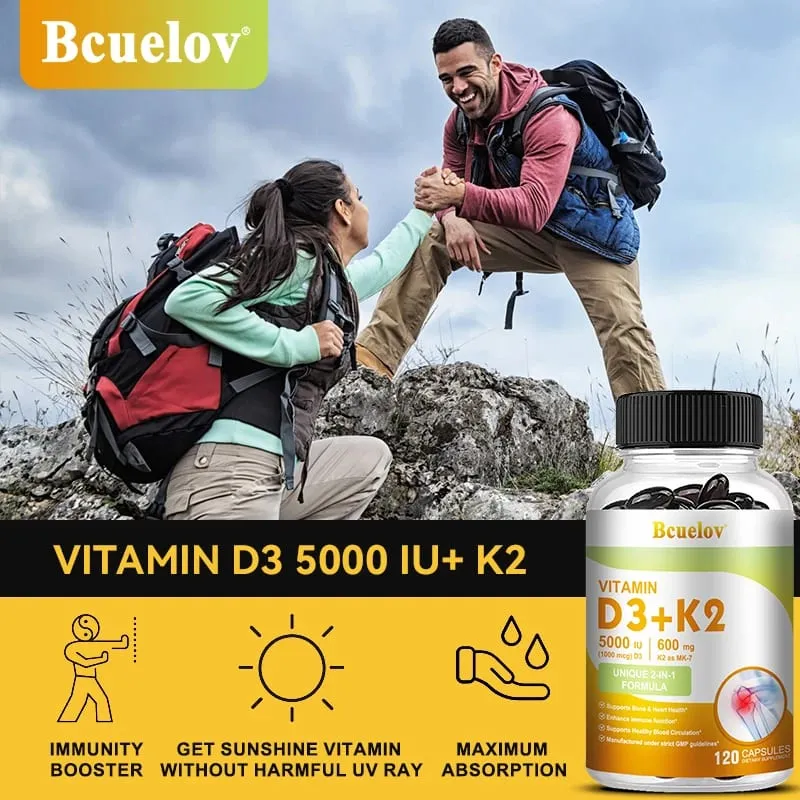 Bcuelov Witamina D3+K2 5000 j.m. Witamina D3 formuła bez GMO łatwy do połknięcia kompleksowy suplement diety z witaminą D i K