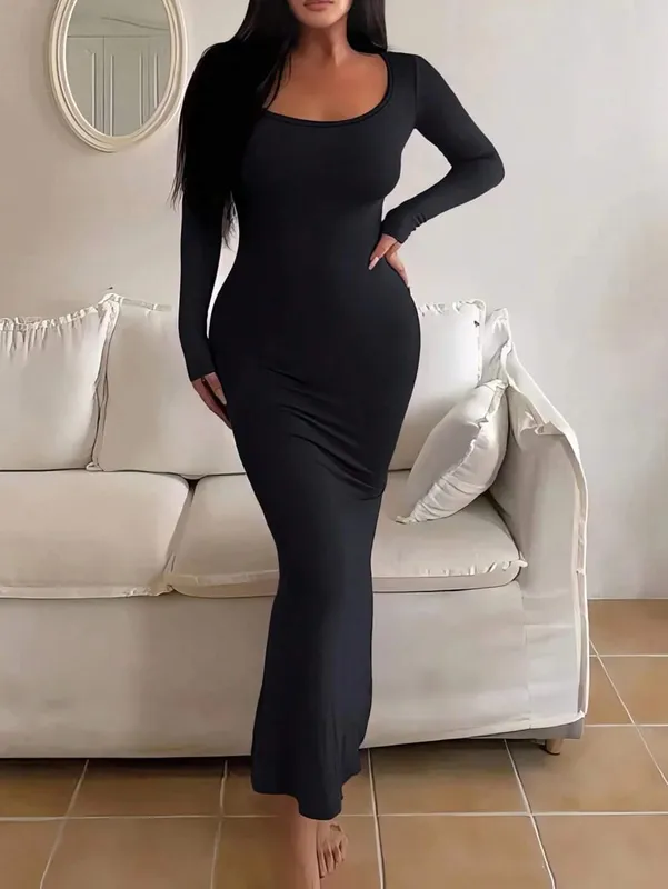 Women's plus size long slim fit long sleeved dress plus size women's extra long square neck tight fitting dress