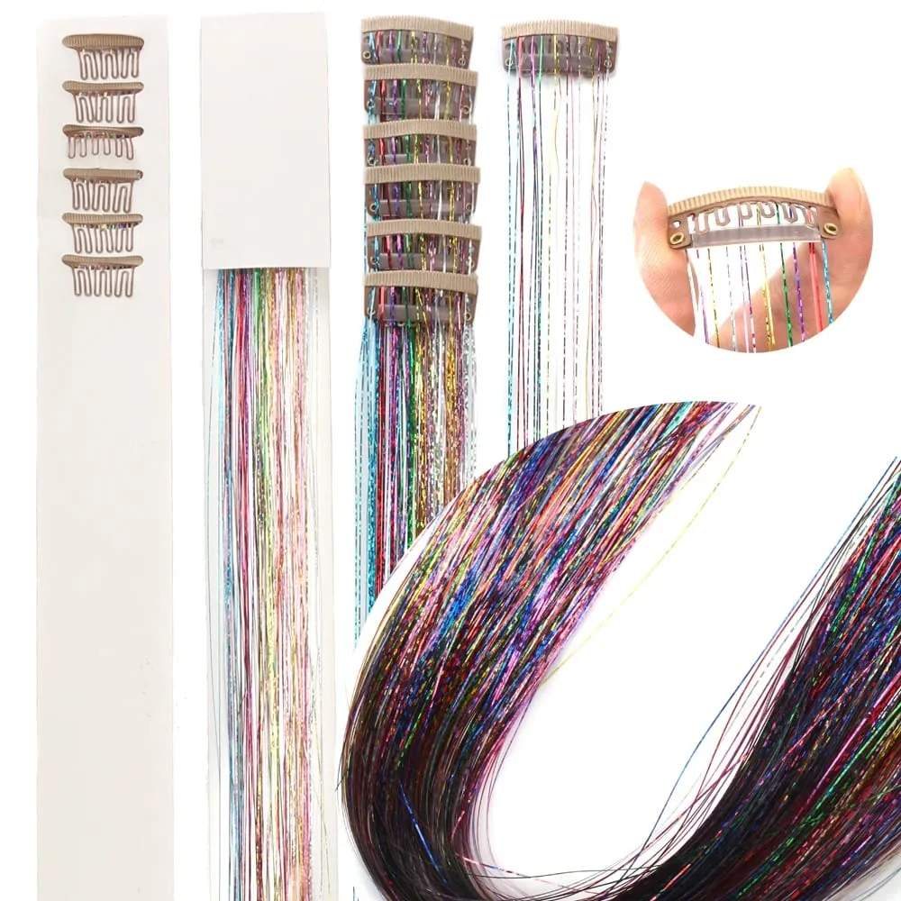 Hair Tinsel Clip in 12 Pcs Hair Tinsel Kit for Girls 20inch Synthetic Glitter Hair Accessories Clip in Hair Extensions for Women