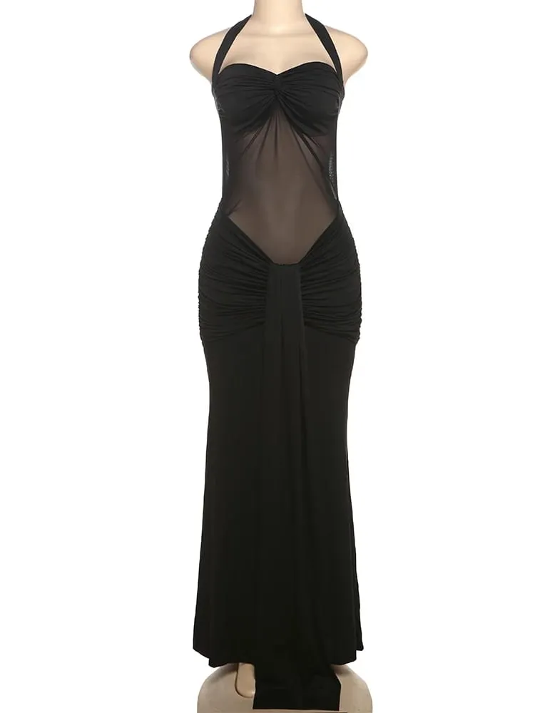 Nibber Halter Mesh Patchwork Kleid Frauen Sommer Trend Off Schulter Backless Geraffte Band Mitternacht Prom Party Hipster Vestidos