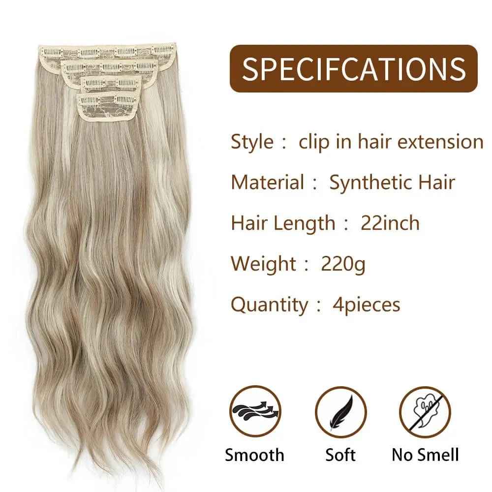4Pcs/Set 11 Clips 22 Inches 220g Beach Waves Clip in Hair Extensions Sandy Blonde Champagne Heat Resistant Synthetic Hairpiece — image 3