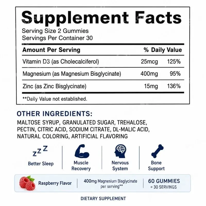 Magnesium Bisglycinate Gummies400mg Raspberry Flavor Supports Bone Health& Muscle Function Dietary Supplement for Adults60 Count — image 6