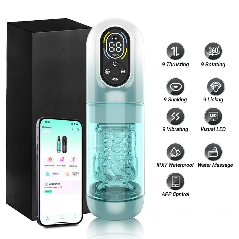 Automatic Male Masturbator Penis Pump Thrusting Rotating 9 Vibrating Sucking Licking Mode Visual LCD Pocket Pussy Adult Sex Toys