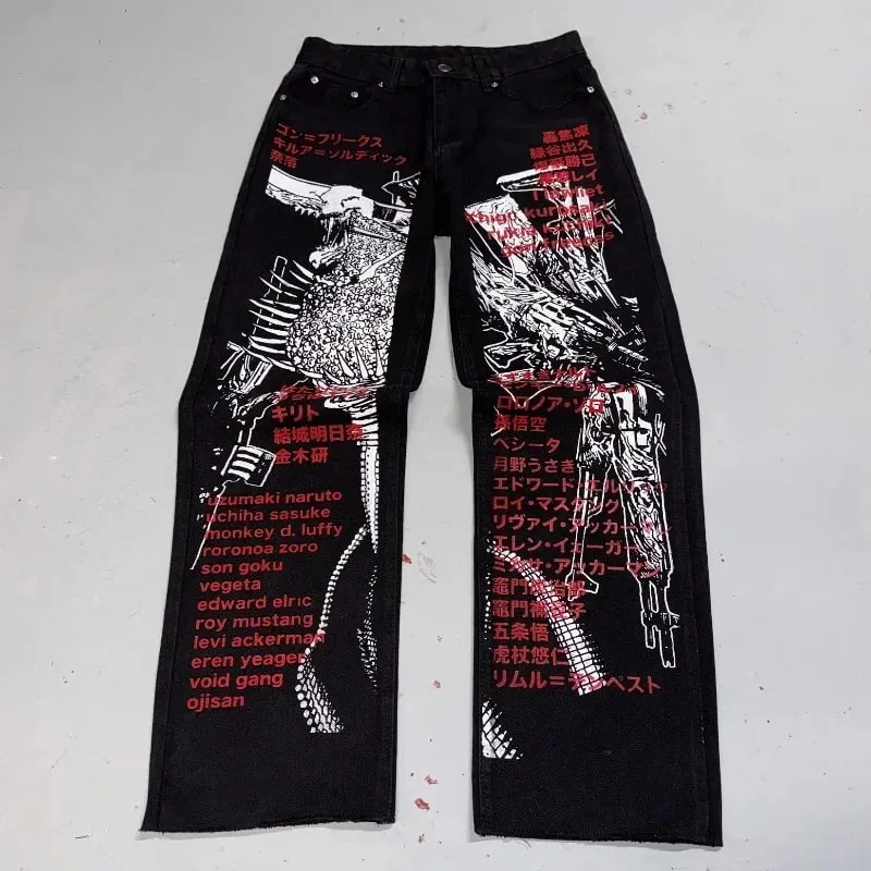 Anime Print Baggy Jeans Men Harajuku Hip Hop Black Denim Pants Streetwear Y2K Manga Graphic Wide Leg Trousers Gothic Clothes — image 3