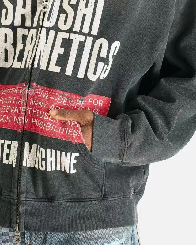 New SN Letter Printed Washed Retro Splashed Ink Zipper Hoodie Street Casual Cotton Loose Versatile Sports Oversize Trendy Top