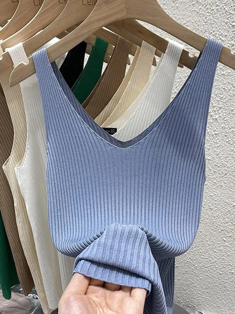 Zjaiss 2026 Summer Fashion Women Camisole Ice Silk Knit Tank Top Slim Fit Sleeveless Base Top Solid Color V-Neck Crop Top — image 5