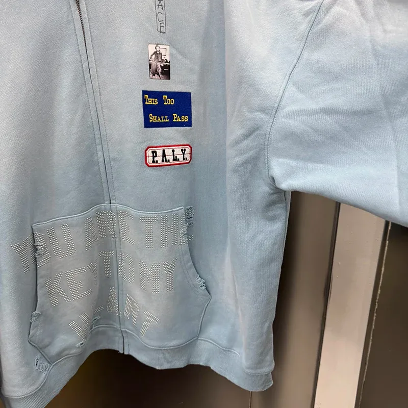 Light Blue PALY Letter Crystal Hoodie Ripped Washed Fashion Patch High Street Casual Men Women 1:1 Zipper Sweatshirts — image 9