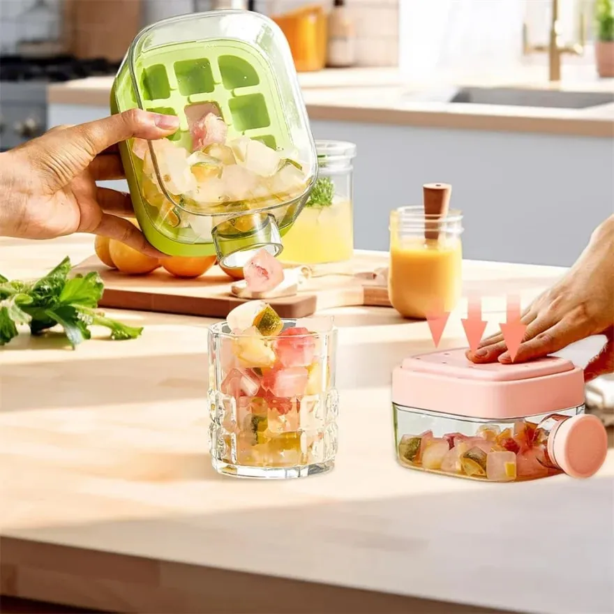 Ice Cube Bottle with Straw 2 In 1 Touch-Free Push-Type Ice Cube Making Bottle Easy Release Water Bottle Ice Mold