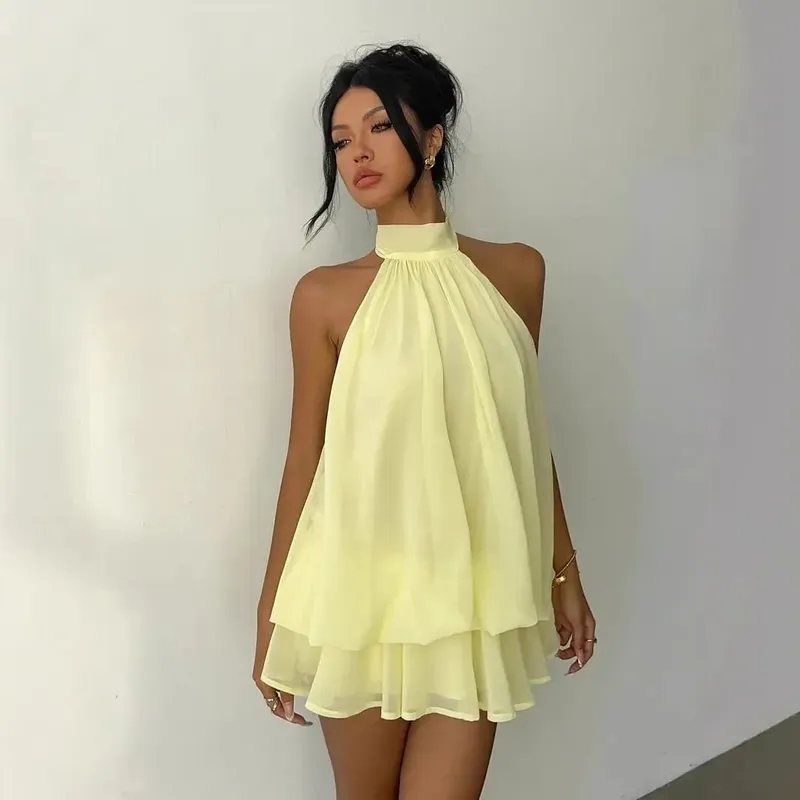 2026 Women's Elegant Halter Neck Sleeveless Ruffled Layered Chiffon Mini Dress Casual Summer Party Dress for Beach Vacation Y2K — image 8
