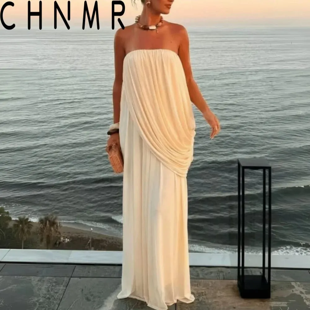 Elegant Pleated Strapless Maxi Dress Women Fashion Backless Slim Apricot Dresses Summer Casual High Street Female Vestidos — image 1